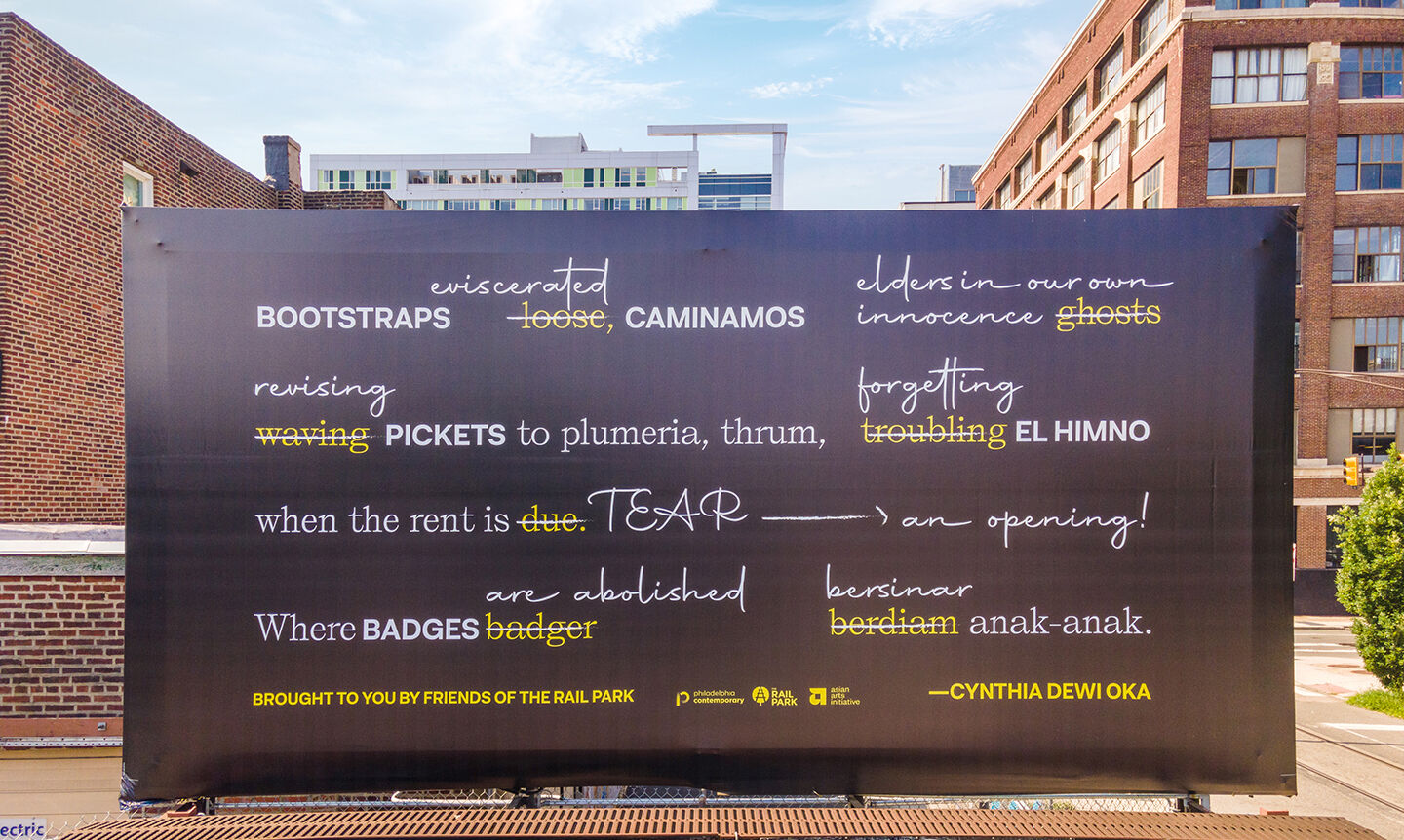 a black billboard with a layered visual poem by cynthia dewi oka