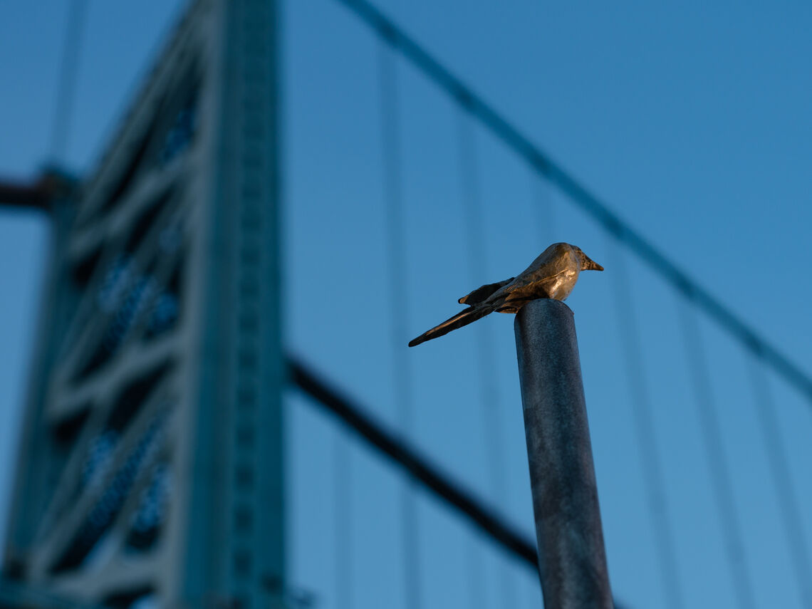 a sculpted metal bird sitting on the top of a pole with a bridge in the background