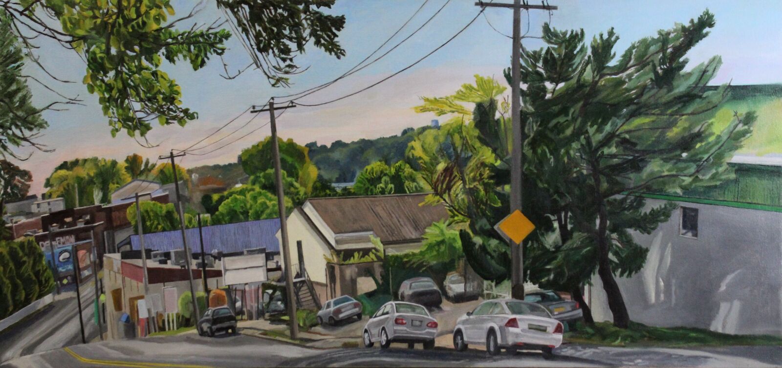 a painting of a suburban street