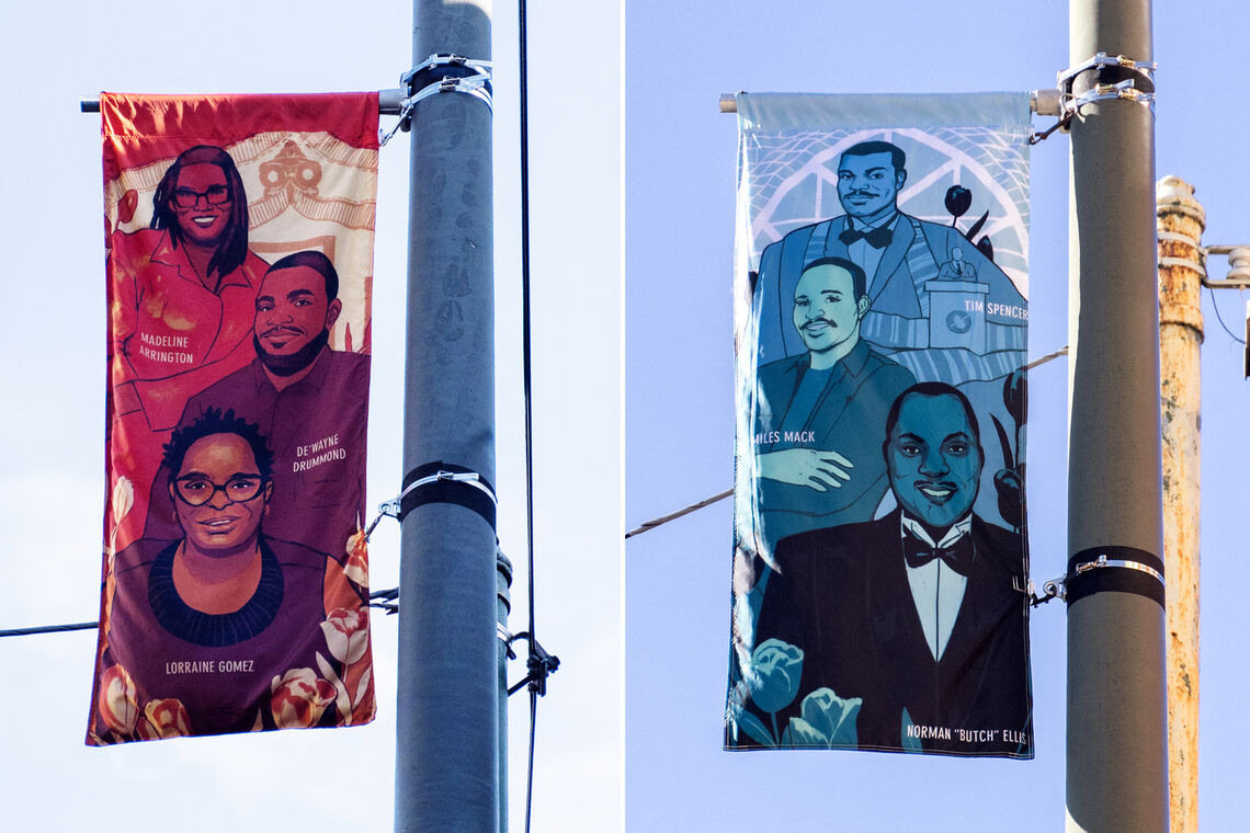 A series of banners designed by Noa Denmon on lightposts.