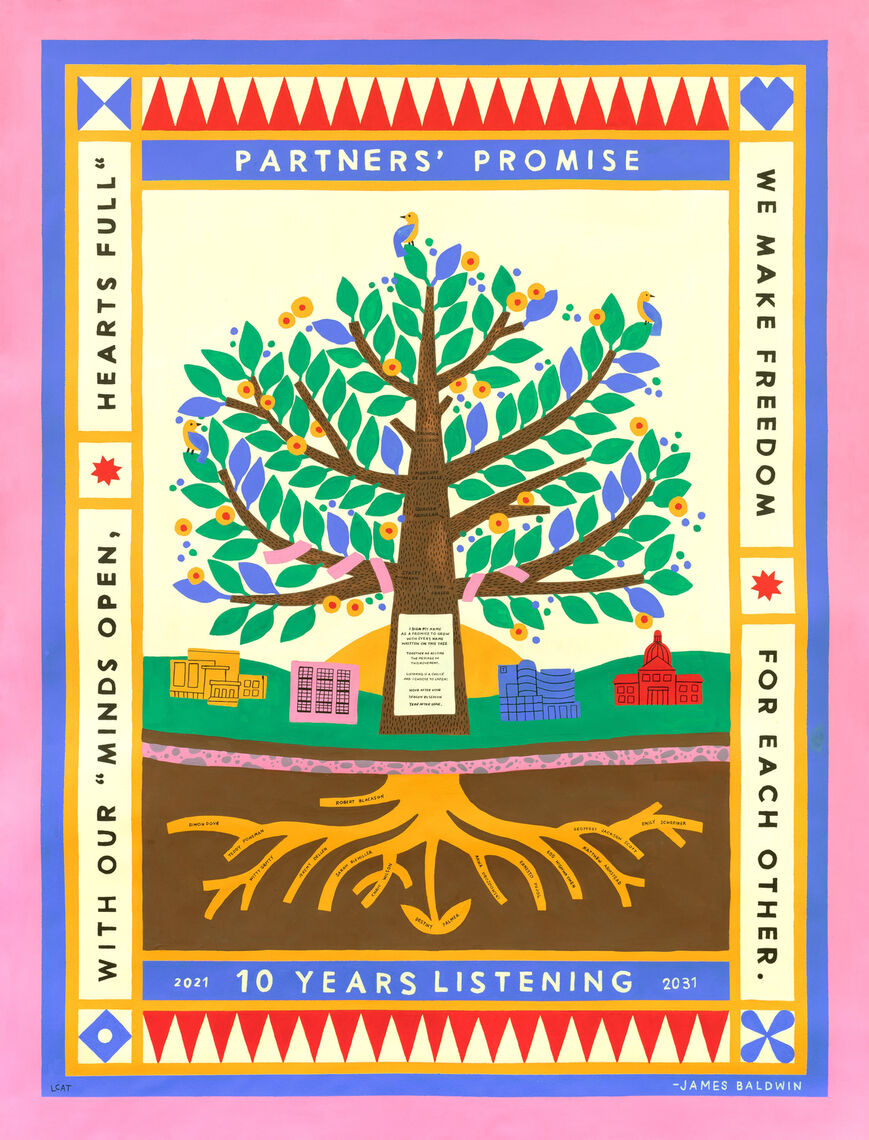 colorful illustration of a tree with roots and birds. Text and signatures are on the roots and the trunk with a title "Partners' Promise"