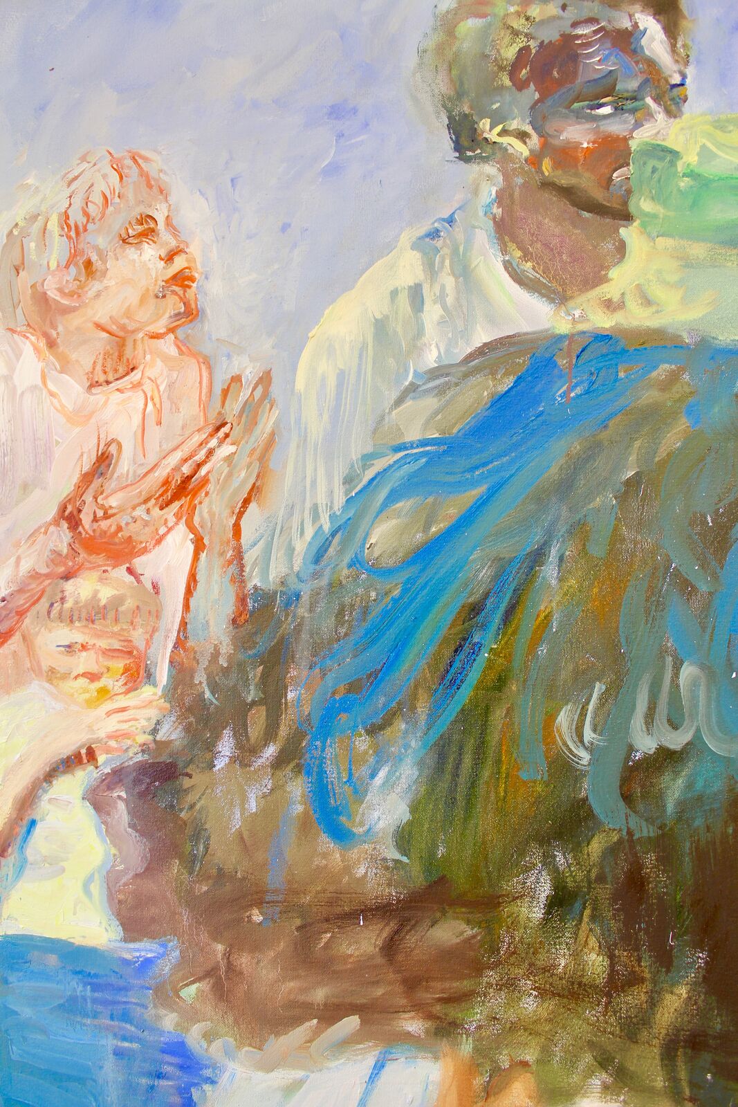 detail of jane irish's installation antipodes featuring a portrait of a child and a man in an impressionistic style