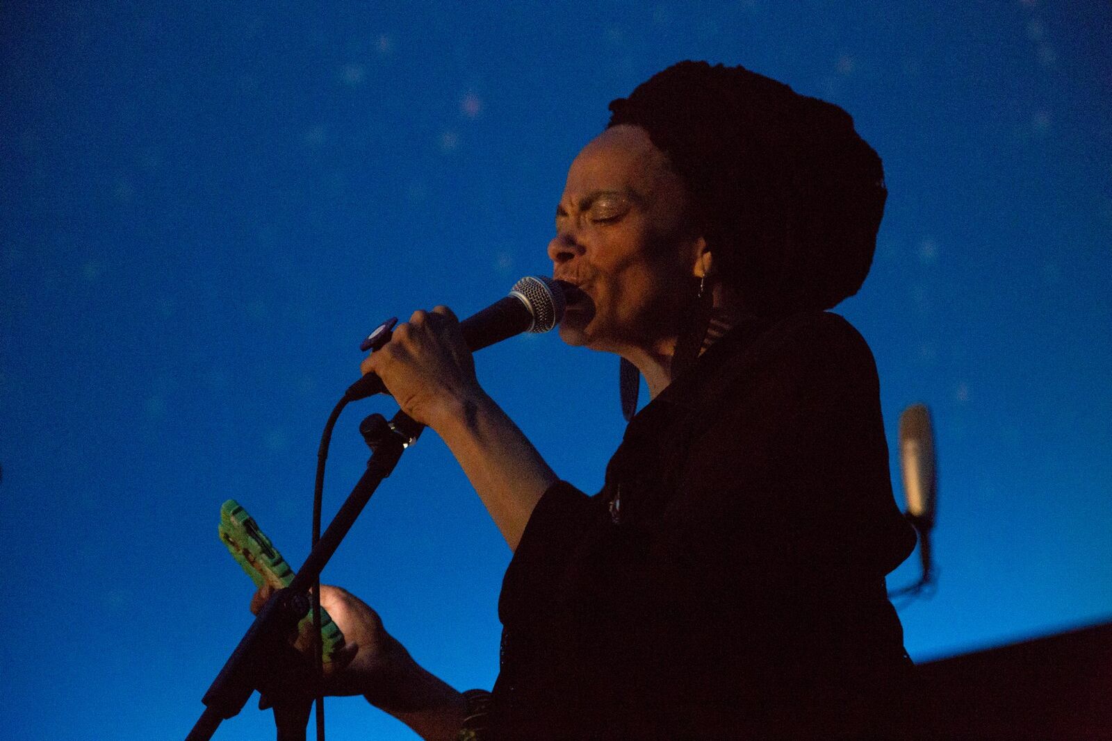 woman croons poetry into a microphone under projection mapped ceiling of the night sky