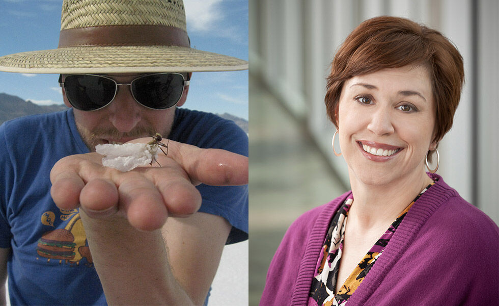 collage of man holding and insect and woman smiling in a headshot outdoors