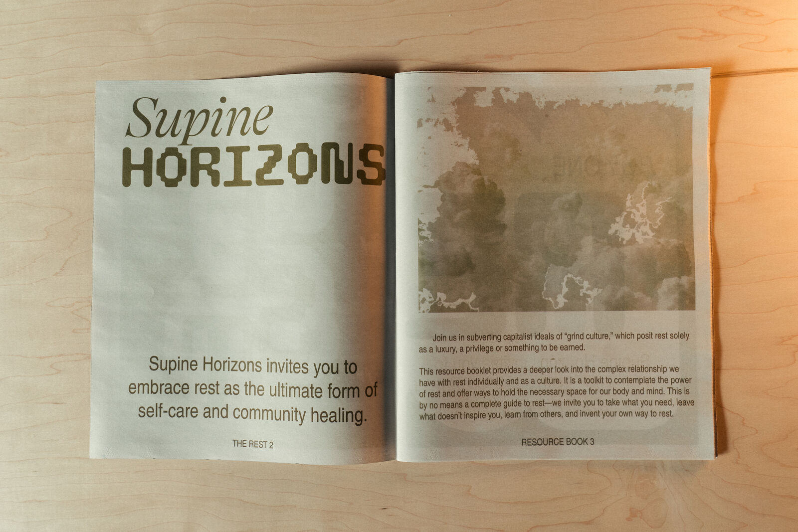 Interior shot of Supine Horizons resource newsprint