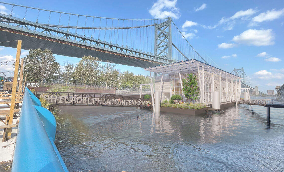 architectural rendering of a building on the water with a bridge in the backbground
