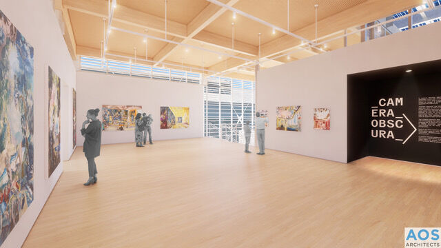 interior view of second floor gallery of the floating gallery