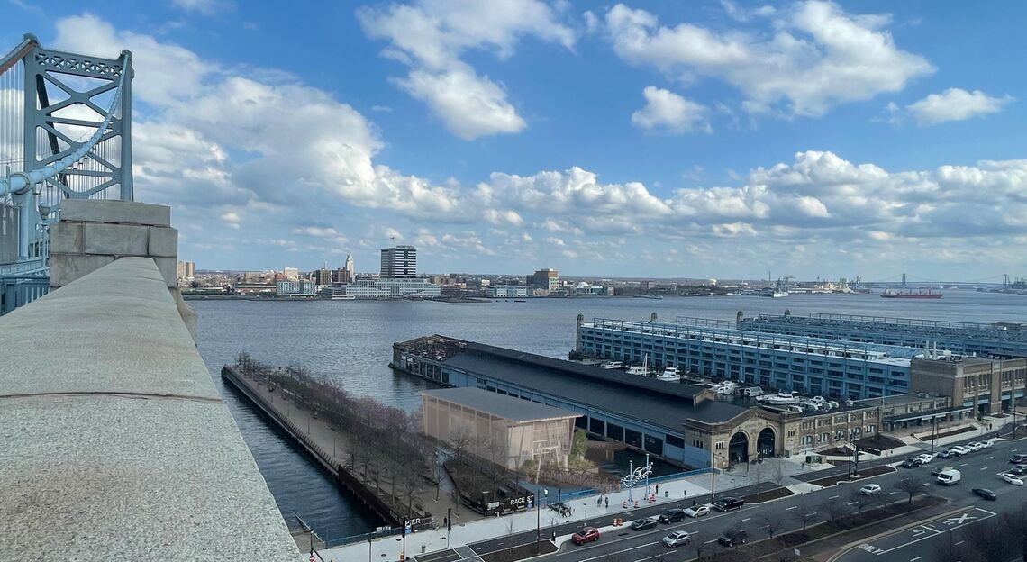 aerial view of cherry street pier and the delaware river waterfront